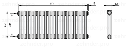 Схема (чертеж) Радиатор Zehnder Charleston 2045/19 №1270 Белый глянцевый RAL 9016
